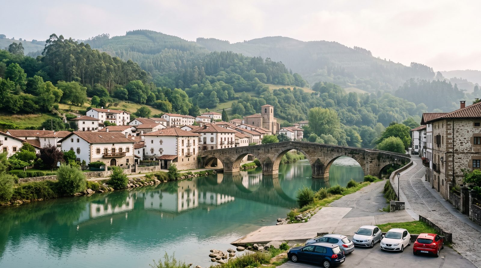 Río ancho entre montañas verdes con embarcadero